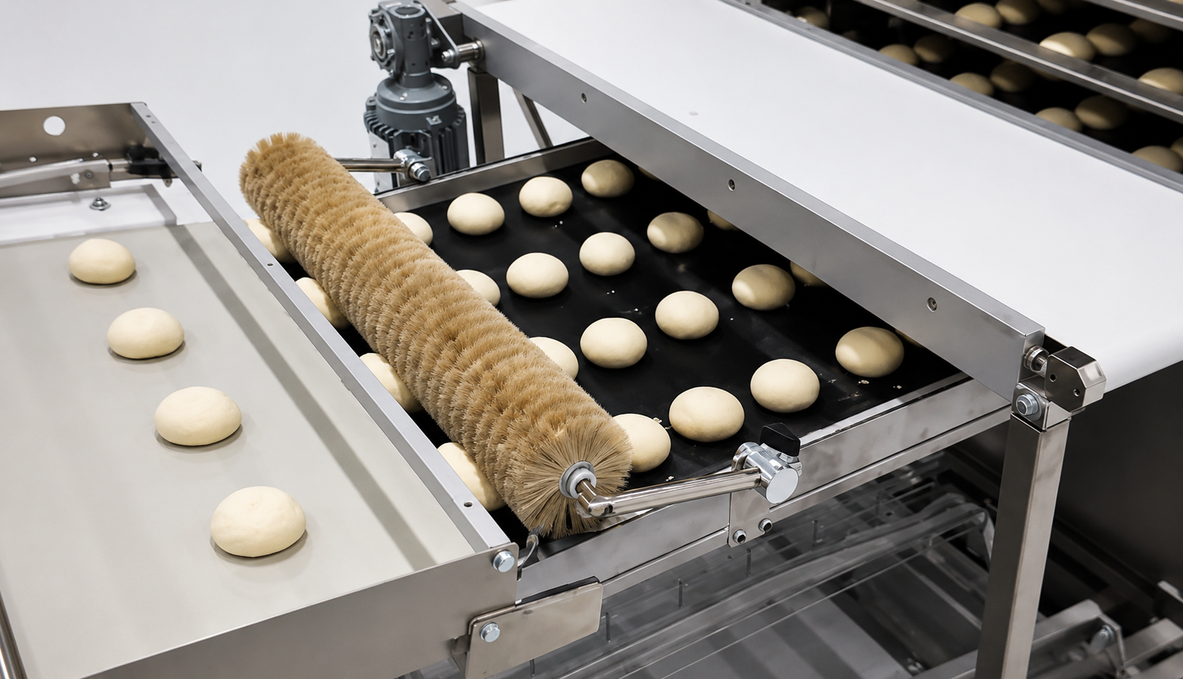 Linha industrial automatizada para divisão, boleamento e embandejamento de massas.